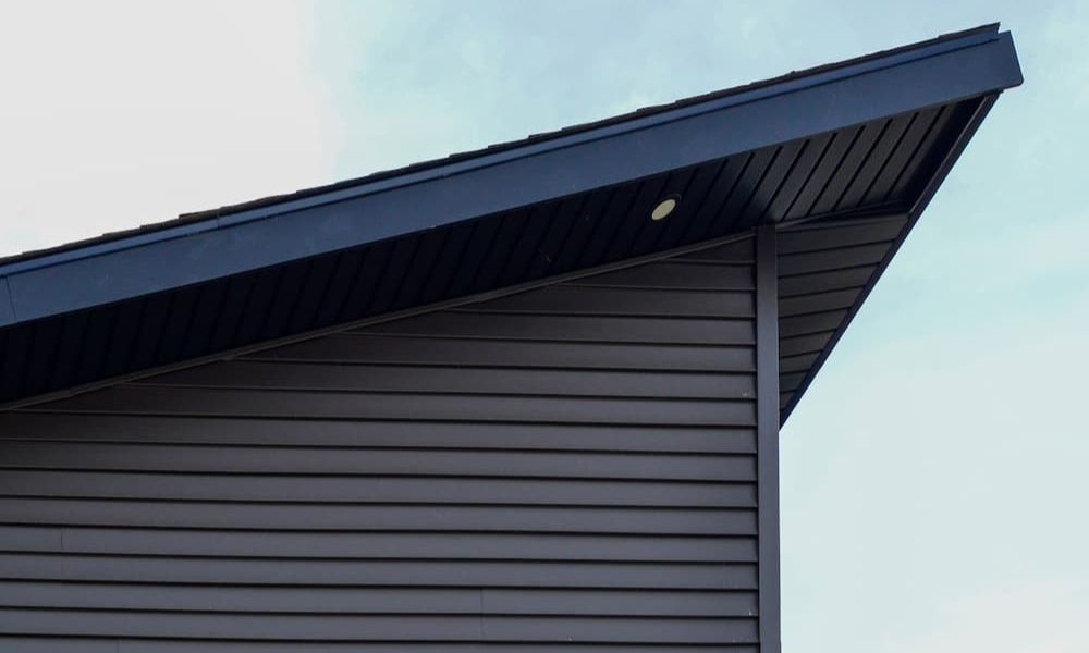 Modern two-story residential exterior featuring dark horizontal vinyl or metal siding, a black sloped roofline, and contrasting natural wood siding on the adjacent section.